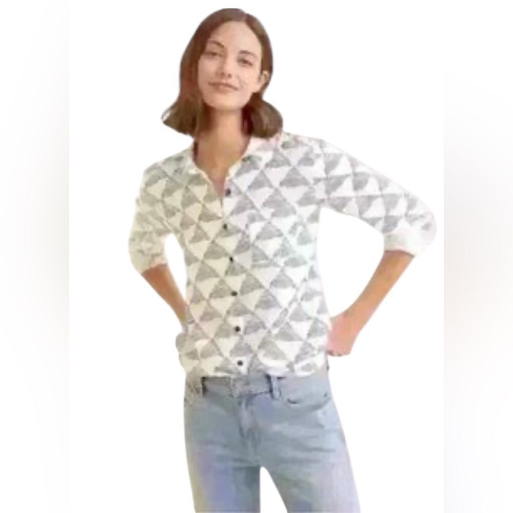 Garnet Hill 100% Linen Green White Geometric Print Button Long Sleeve Shirt 12